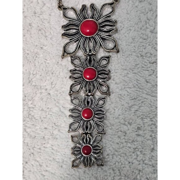 Vintage Silver Tone Necklace with Red Stone Cabochon Accents 22" - Picture 1 of 6